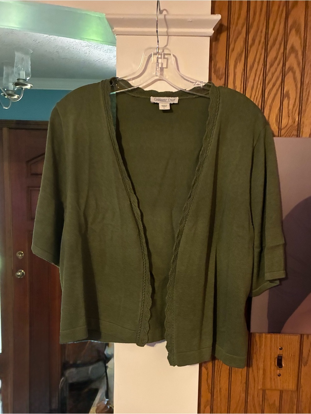 Coldwater Creek Olive Green Open-Front Short-Sleeve Cardigan